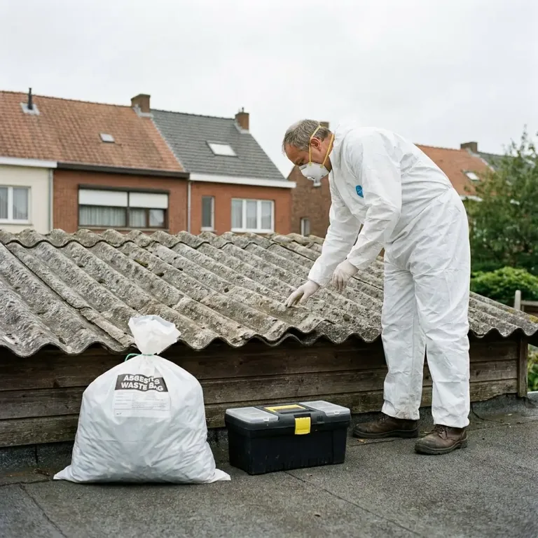 Een persoon in beschermende kleding bekijkt golfplaten op een laag dak, met een asbestafvalzak en gereedschapskoffer naast zich