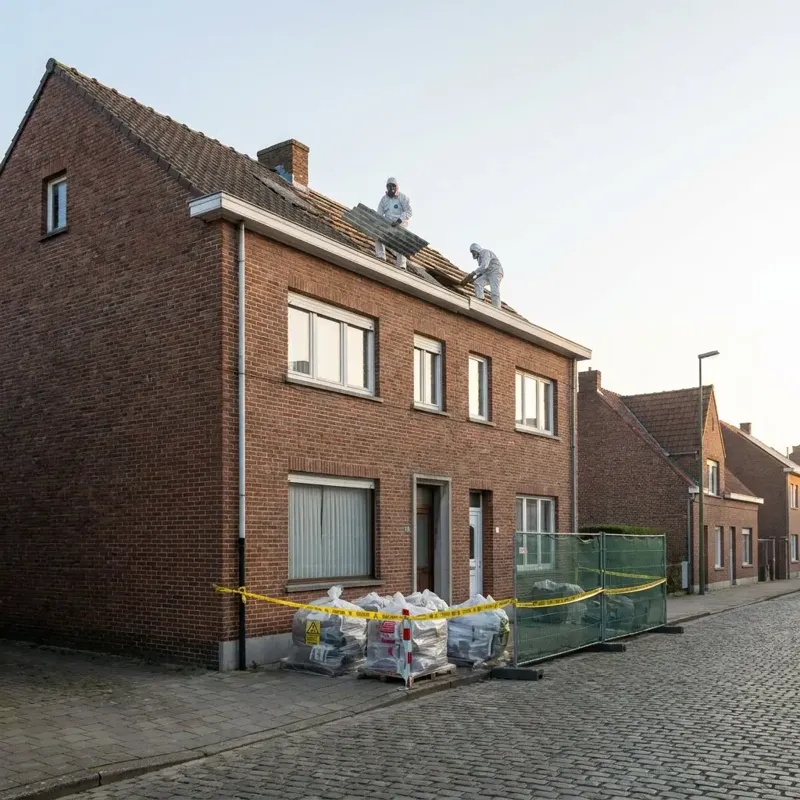 Twee asbestverwijderaars in beschermende pakken verwijderen asbestplaten van het dak van een bakstenen woning, met afgezette werfzone en verpakt asbestafval op de stoep